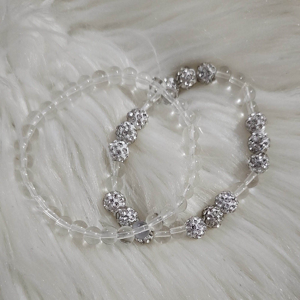 White Clear Jade & Shambala Beaded Natural Stone Bracelet Set